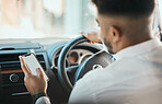 Business man, phone and driving car on mockup screen to search map, location or mobile application from the back. Worker, transportation driver or scroll smartphone for direction to travel in journey
