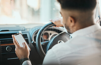 Buy stock photo Business man, phone map and driving car on mockup screen to search location on mobile application from the back. Worker, transportation driver or scroll smartphone for direction to travel in journey