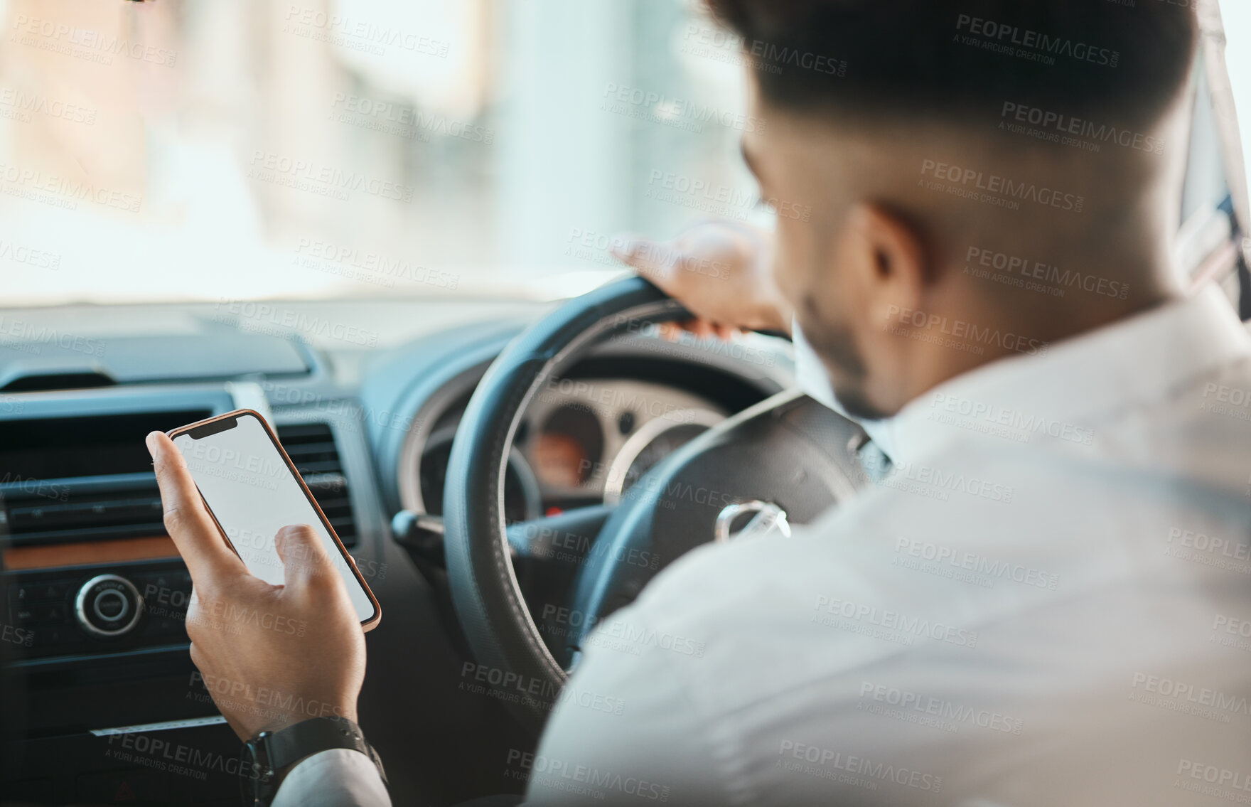 Buy stock photo Business man, phone map and driving car on mockup screen to search location on mobile application from the back. Worker, transportation driver or scroll smartphone for direction to travel in journey