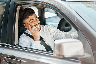 Buy stock photo Happy business man, phone call and driving car for communication, mobile networking and chat in traffic. Indian male worker, driver and talking to contact, smartphone tech or travel in transportation