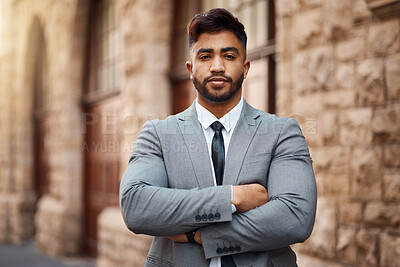 Buy stock photo Serious, lawyer and arms crossed with portrait of man in city for justice, business and pride. Manager, legal and advocate with face of attorney at courthouse for advisor, corporate and consultant