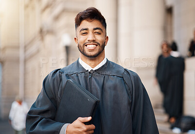 Buy stock photo Smile, lawyer and judge with portrait of man in city for justice, jury and pride. Happy, legal and advocate with face of male attorney at courthouse for advisor, corporate and consultant