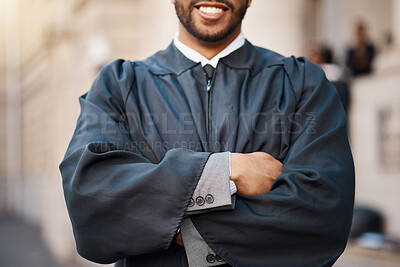 Buy stock photo Lawyer, smile and man with arms crossed in city for career attorney for justice in outdoor. Happy, judge and male person or professional at courthouse with confidence, positive and legal advise.