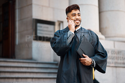Buy stock photo Phone call, lawyer and happy man talking in city, conversation or communication with case documents. Smartphone, smile and attorney speaking, chat or listening to contact for legal discussion outdoor