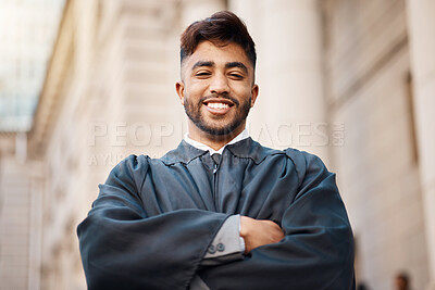 Buy stock photo Judge, lawyer and arms crossed with portrait of man in city for justice, smile and pride. Happy, legal and advocate with face of male attorney at courthouse for advisor, corporate and consultant
