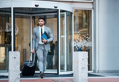 Buy stock photo Businessman outside office, suitcase and travel for lawyer at law firm for work commute. Folder, luggage and man on sidewalk, attorney with documents at on city street at court building on urban walk