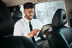 Business man, tablet and travel in car for online search, trading data and reading stock market information. Indian trader scroll on digital technology, financial website or driving in taxi transport