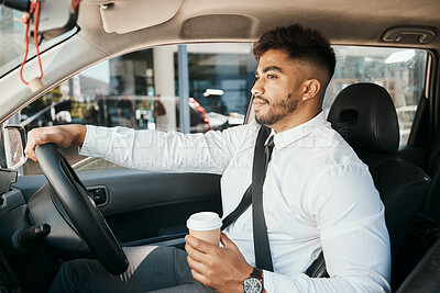 Buy stock photo Business man, coffee cup and driving car for morning commute, transportation and waiting in traffic. Corporate indian male employee, travel and driver at steering wheel for journey on road with drink