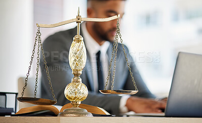 Buy stock photo Lawyer, man and laptop with balance scale in office for consultation with research or client. Justice, attorney and tech for information for online agreement for auction with advocate legal contract.
