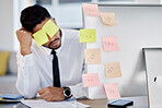Stress, man and tax with sticky note on face with computer for accountant at company with debt. Reminder, tired and professional with man or burnout in finance or post it for bills with deadline.