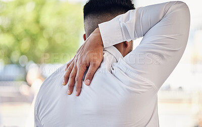 Buy stock photo Back pain, business man and stress with inflammation, tension and consultant with muscle problem. Agent, employee and working with a strain, tender joint and injury with medical issue and overworked