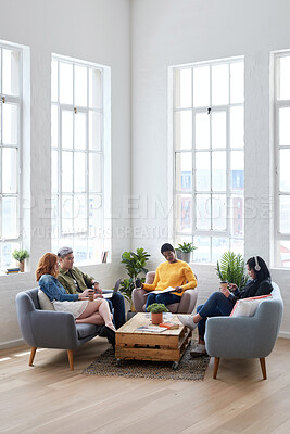 Buy stock photo Startup, meeting and creative employees in the office lounge or coworking space planning a project in collaboration. Teamwork, diversity and team working together with technology on sofa in workplace