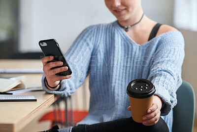 Buy stock photo Phone, coffee and closeup of woman networking on her lunch break at the modern office. Technology, cappuccino and creative female person browsing on social media, mobile app or internet in workplace.