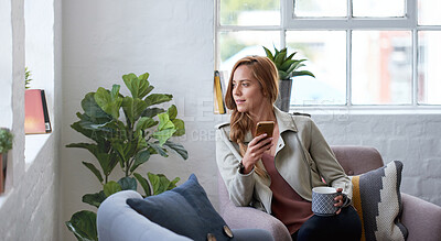 Buy stock photo Young woman, smartphone and coffee, vision and dream at home, morning routine and social media. Communication, technology and thinking of future, female person using phone and mobile app with drink