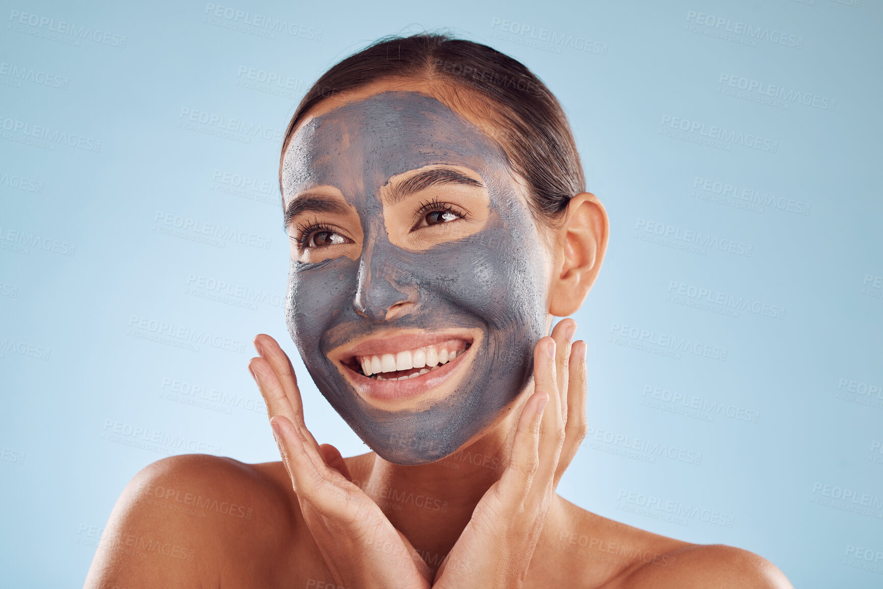 Buy stock photo Woman thinking, mask and facial charcoal for skincare, natural beauty and cosmetics benefits on studio, blue background. Ideas of happy person or model with face collagen, skin care and dermatology