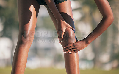 Buy stock photo Exercise, knee pain or injury and a sports woman outdoor with a medical emergency during cardio or endurance. Fitness, running and accident with a female runner holding her joint while training