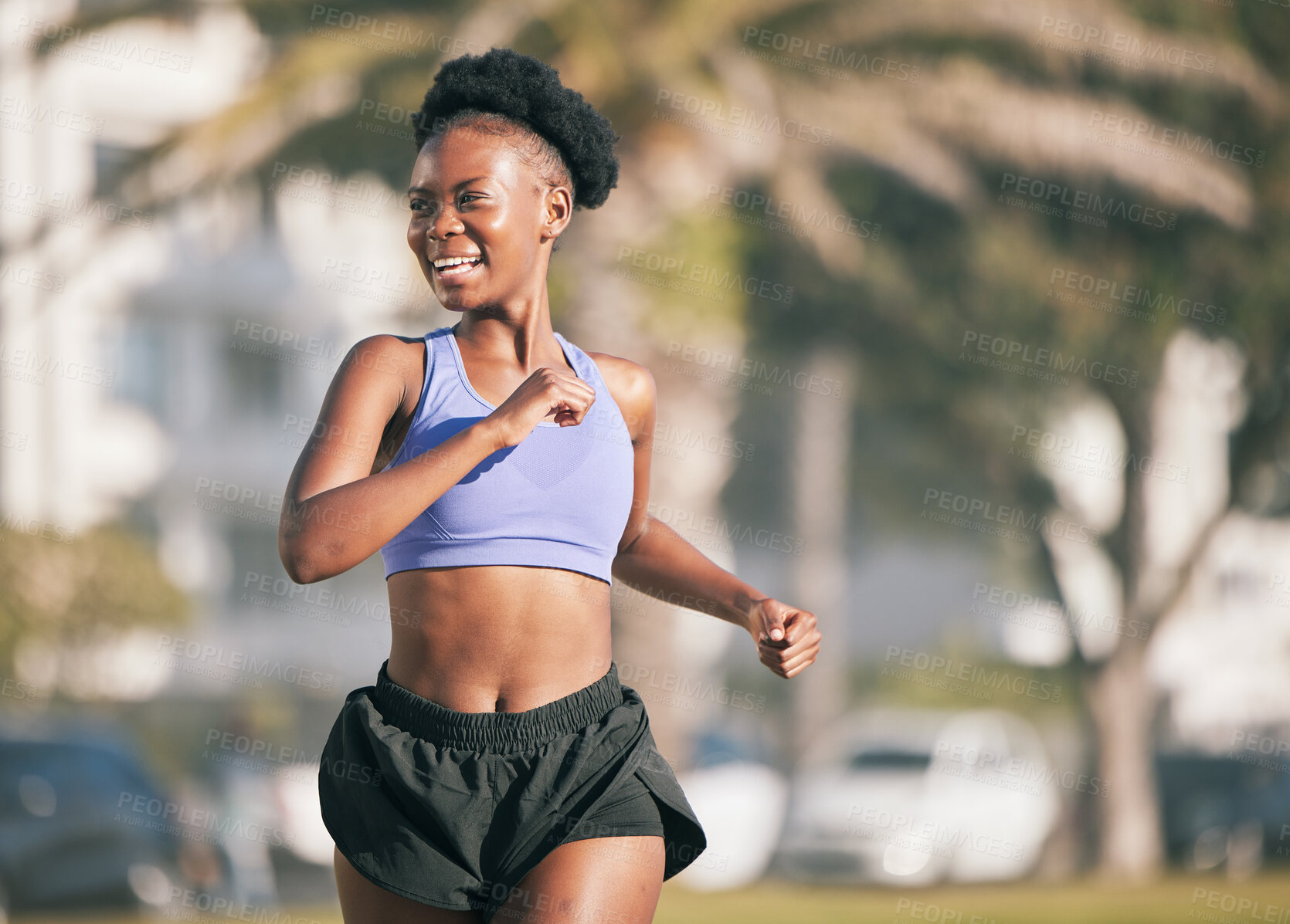 Buy stock photo Happy, running and a black woman in the city, thinking and doing cardio in the morning. Smile, idea and an African athlete or runner in town for exercise, a workout or training for a marathon