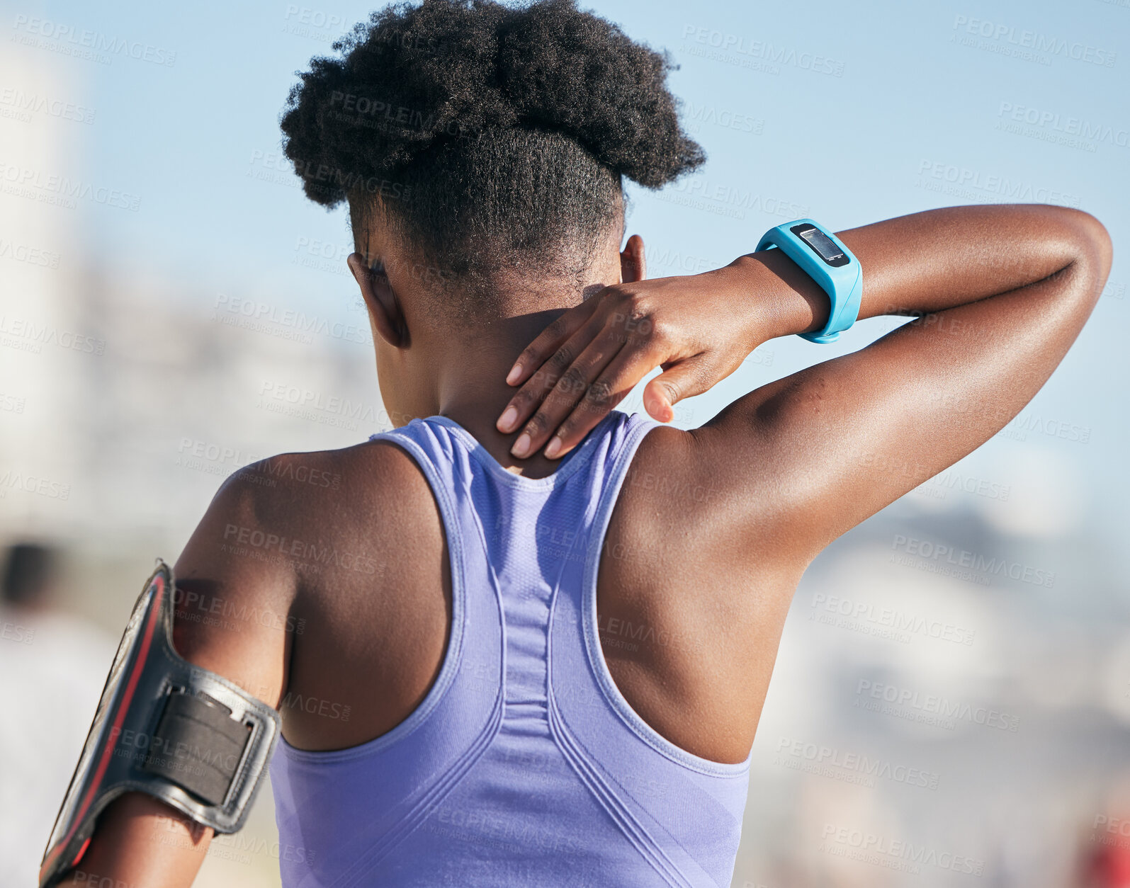 Buy stock photo Neck, pain and back of sports woman with injury, joint inflammation and first aid problem outdoor. Runner, athlete and body muscle stress on spine, nerve and tension from running, fitness or health