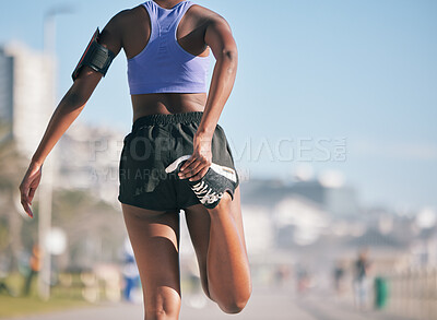 Buy stock photo Stretching legs, fitness and back of a woman in the city for running, exercise and training for a marathon. Morning, outdoor warm up and an athlete ready to start a workout, cardio or sports