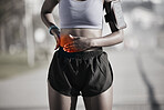 Fitness, woman and red stomach pain from exercise injury, training problem or first aid risk. Sports accident, closeup and abdomen of female athlete with appendicitis emergency, hurt muscle or cramps