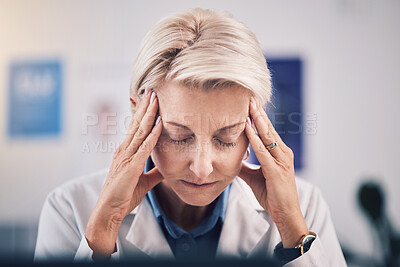 Buy stock photo Headache, face of doctor and stress of woman in medical office in burnout, mental health problem and pain. Frustrated, tired and confused healthcare worker with fatigue, doubt and anxiety of mistake