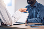 Doctor, hands and talking patient with laptop mockup for medical advice, clinic service and consultation. Closeup of healthcare worker consulting client for support, surgery and therapy with computer