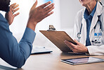 Hands, doctor and clipboard for patient consultation, healthcare advice and clinic services. Closeup of medical therapist consulting client with documents for analysis report, test results and script