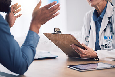 Buy stock photo Hands, doctor and clipboard for patient consultation, healthcare advice and clinic services. Closeup of medical therapist consulting client with documents for analysis report, test results and script