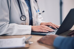 Hands, doctor and laptop in clinic for patient consultation, healthcare advice and services. Closeup of medical therapist consulting with computer for online report, test analysis and web information