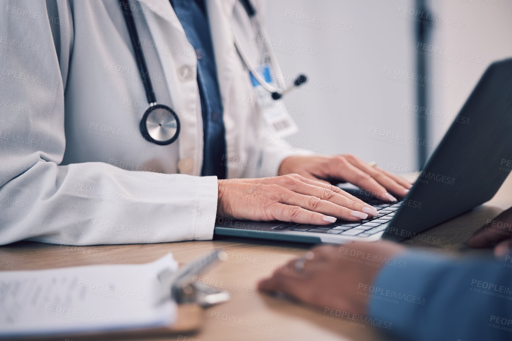 Buy stock photo Hands, doctor and laptop in clinic for patient consultation, healthcare advice and services. Closeup of medical therapist consulting with computer for online report, test analysis and web information