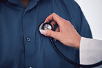 Stethoscope, medical and hands of doctor test breathe of patient due for surgery exam and chest treatment. Healthcare, medicine and professional help or consulting a person with lung problem