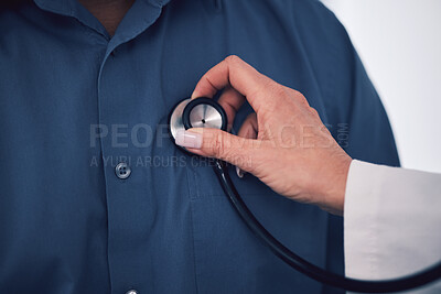 Buy stock photo Stethoscope, closeup and hands of doctor test breathe of patient due for surgery exam and chest treatment. Healthcare, medicine and medical professional help or consulting a person with lung problem