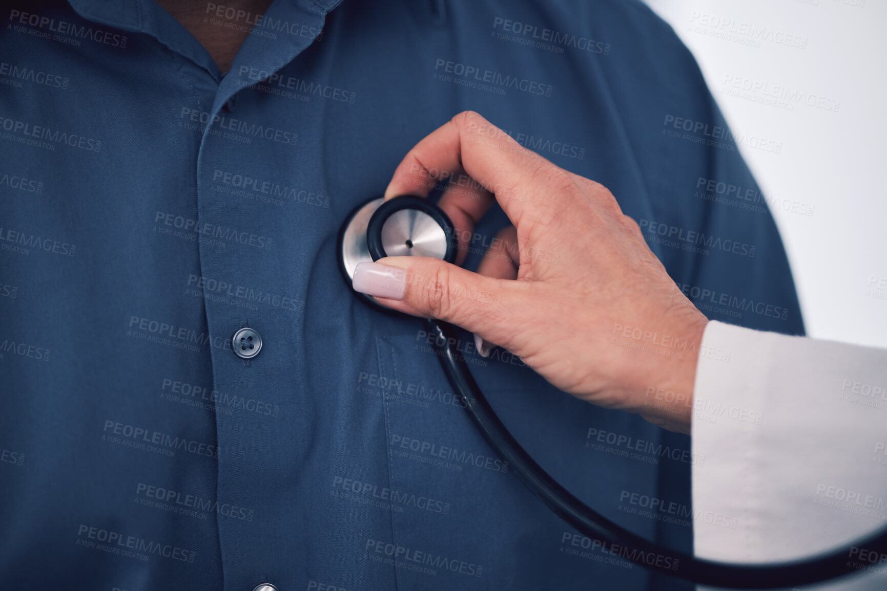 Buy stock photo Stethoscope, closeup and hands of doctor test breathe of patient due for surgery exam and chest treatment. Healthcare, medicine and medical professional help or consulting a person with lung problem