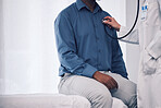 Doctor, patient and consultation with stethoscope for heart, healthcare services and medical mockup space. Closeup, cardiology and check lungs for breathing, chest assessment and hospital consulting