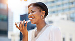 Woman with smile in city, speaker and phone call for networking, consulting and conversation outside. Urban travel, work commute and businesswoman talking on cellphone with voice chat with happy face