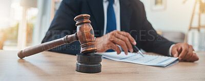 Buy stock photo Documents, judge and gavel with hands of man in lawyer office for justice at legal hearing. Attorney, advocate and closeup of crime, hammer of person in law firm and courtroom, paperwork or signature