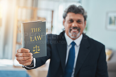 Buy stock photo Law, book and portrait of a man or lawyer with a book, constitution or research with legal books, study and knowledge. Attorney, judge or businessman with advice in a office, court or consultant