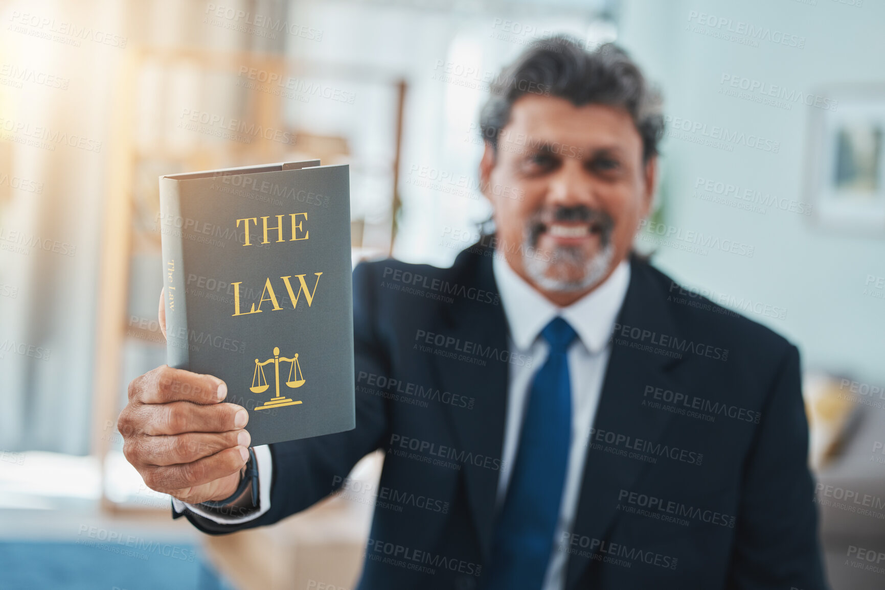 Buy stock photo Law, book and portrait of a man or lawyer with a book, constitution or research with legal books, study and knowledge. Attorney, judge or businessman with advice in a office, court or consultant