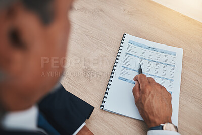 Buy stock photo Documents, person hands and budget above for home financial planning, accounting and numbers review. Taxes, salary and business man with paperwork, bills and debt management for mortgage or rent cost