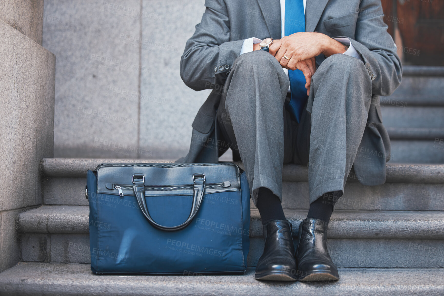 Buy stock photo Lawyer, briefcase and man shoes on city and urban steps of government building outdoor. Businessman, justice and luggage for professional work of employee on a break of legal career of a attorney 