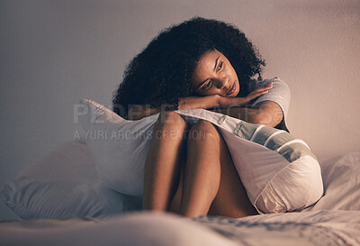 Buy stock photo Sad, tired woman and bedroom with depression and pillow hug at home with anxiety. House, female person and thinking about mental health problem on a bed with stress feeling lonely while crying