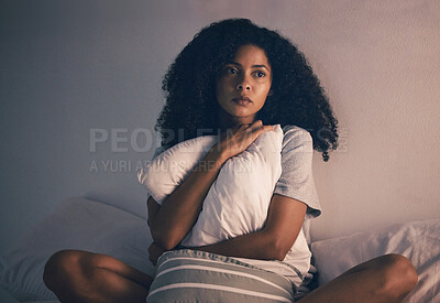 Buy stock photo Thinking, woman and bedroom with depression and pillow hug at home with anxiety. House, female person and sad about mental health problem on a bed with stress and frustrated feeling lonely from fail