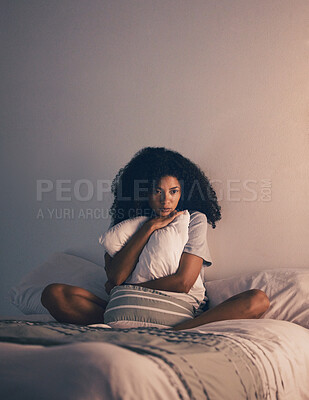 Buy stock photo Sad, woman and thinking with depression and pillow hug at home with anxiety. House, female person and tired about mental health problem on a bed with stress and frustrated feeling lonely from fail