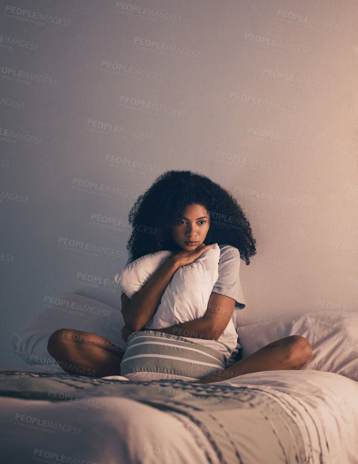 Buy stock photo Sad, woman and thinking with depression and pillow hug at home with anxiety. House, female person and tired about mental health problem on a bed with stress and frustrated feeling lonely from fail