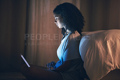 Buy stock photo Laptop, bed and woman on internet at night for website, online social media and relax in home. Bedroom, computer and person streaming movie, film and video on pc technology with insomnia in house.