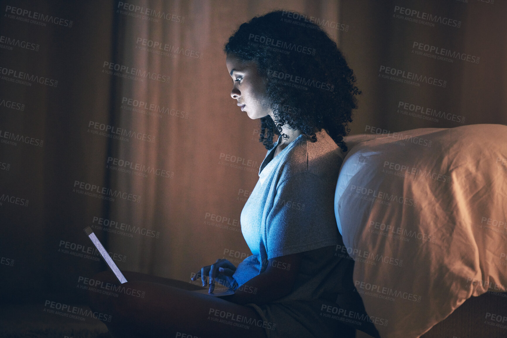 Buy stock photo Laptop, bed and woman on internet at night for website, online social media and relax in home. Bedroom, computer and person streaming movie, film and video on pc technology with insomnia in house.