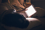 Woman, tablet and bed in night with blank blank, reading and typing for contact, chat or social media app. Girl, digital touchscreen and mockup space with empty ux, scroll or watch video in dark home