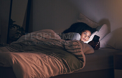 Buy stock photo Tired, night and phone with woman in bedroom for social media app, insomnia and networking. Communication, contact and internet with female person in bed at home for mobile, online and technology