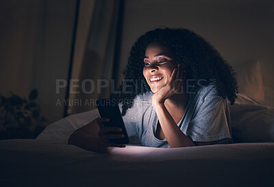 Buy stock photo Insomnia, smile and phone with woman in bedroom for social media app, night and networking. Communication, contact and internet with female person in bed at home for mobile, online and technology