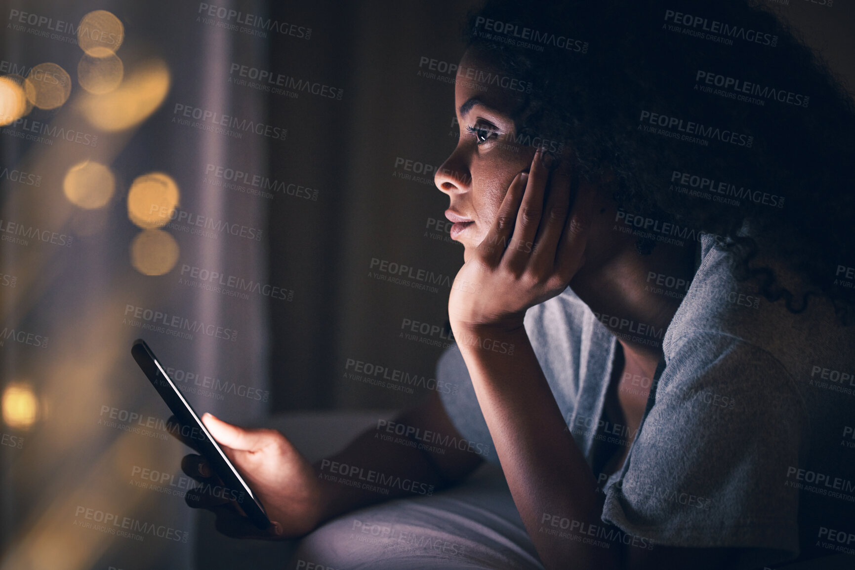 Buy stock photo Thinking, night and phone with woman in bedroom for social media app, insomnia and networking. Communication, contact and internet with female person in bed at home for mobile, online and technology